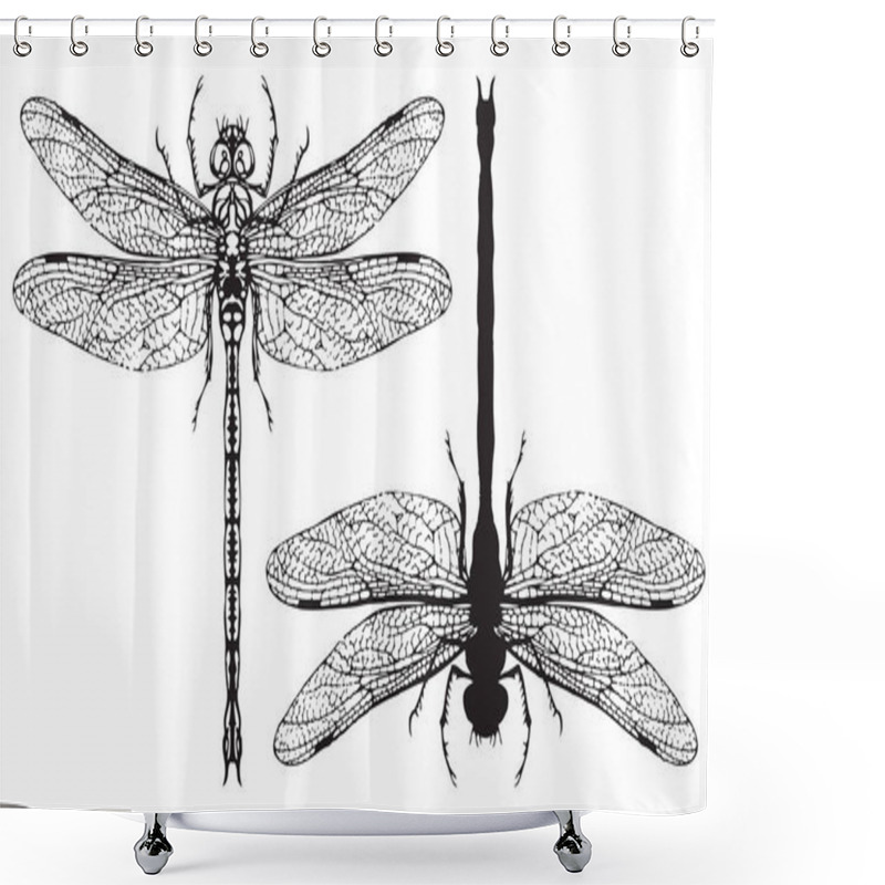 Personality  Black And White Realistic Dragonflys Close Up Shower Curtains