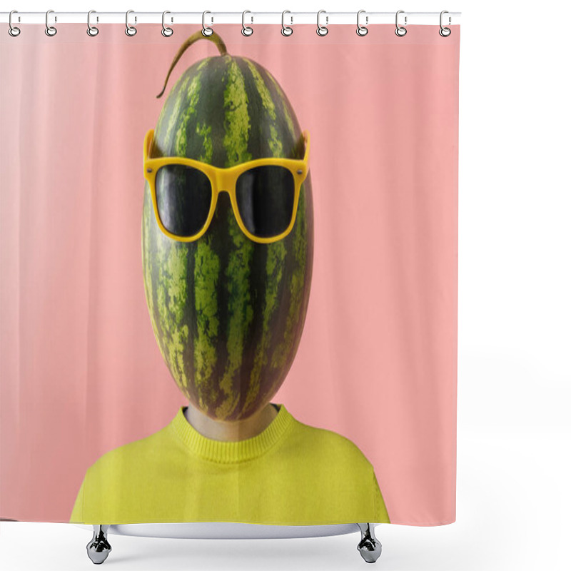 Personality  A Man With A Watermelon Instead Of Head. Minimal Concept. Shower Curtains