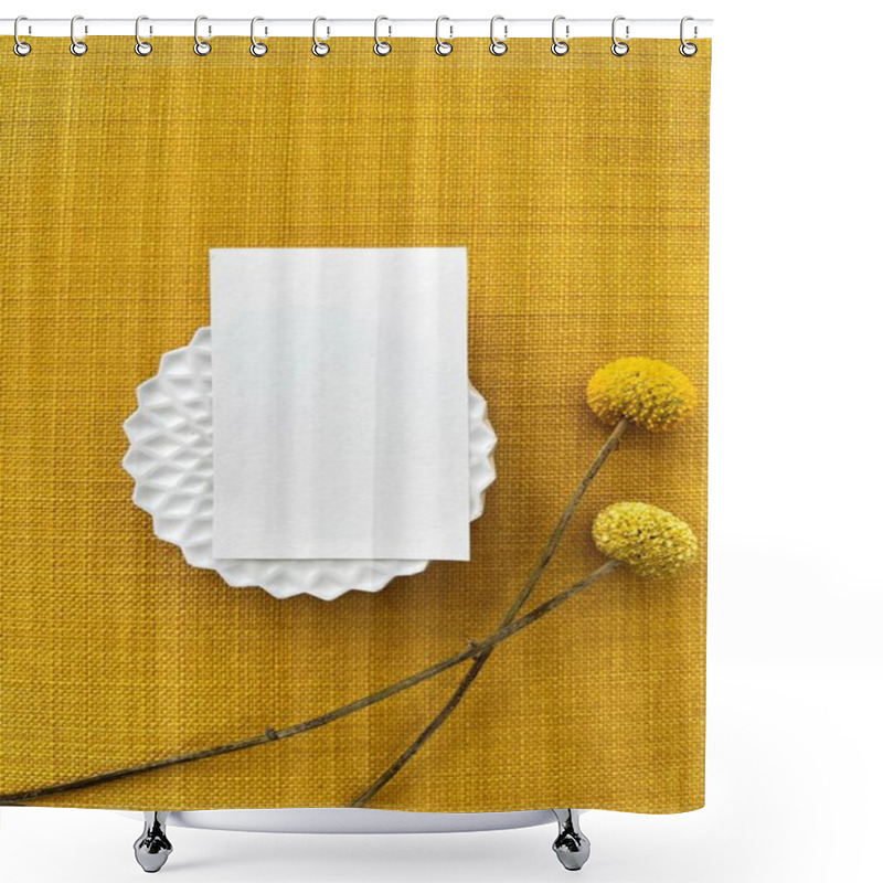 Personality  Elegant Blank Card On A Textured Yellow Background With Decorative Floral Accents. Shower Curtains