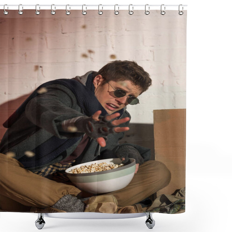 Personality  Angry Homeless Man Throwing Pop Corn From Bowl At Camera Shower Curtains