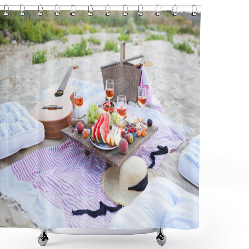 Personality  Picnic On The Beach At Sunset In The Style Of Boho, Food And Dri Shower Curtains