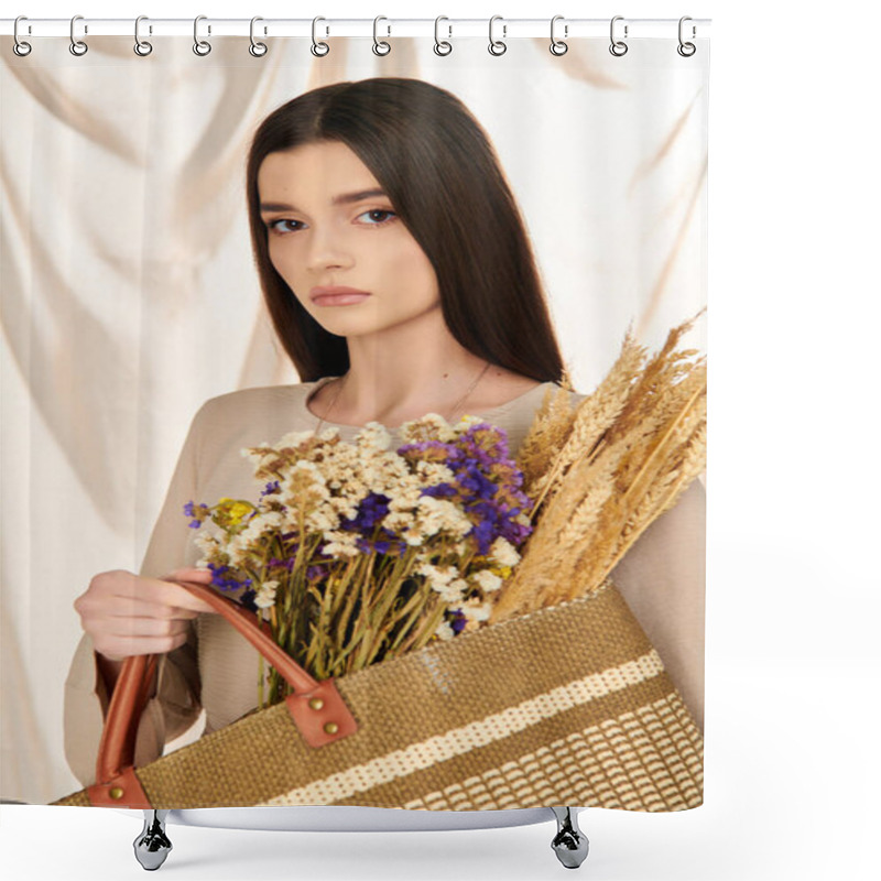 Personality  A Young Woman With Long Brunette Hair In A Summer Outfit Holds A Bag Filled With Vibrant Flowers, Exuding A Cheerful Vibe. Shower Curtains