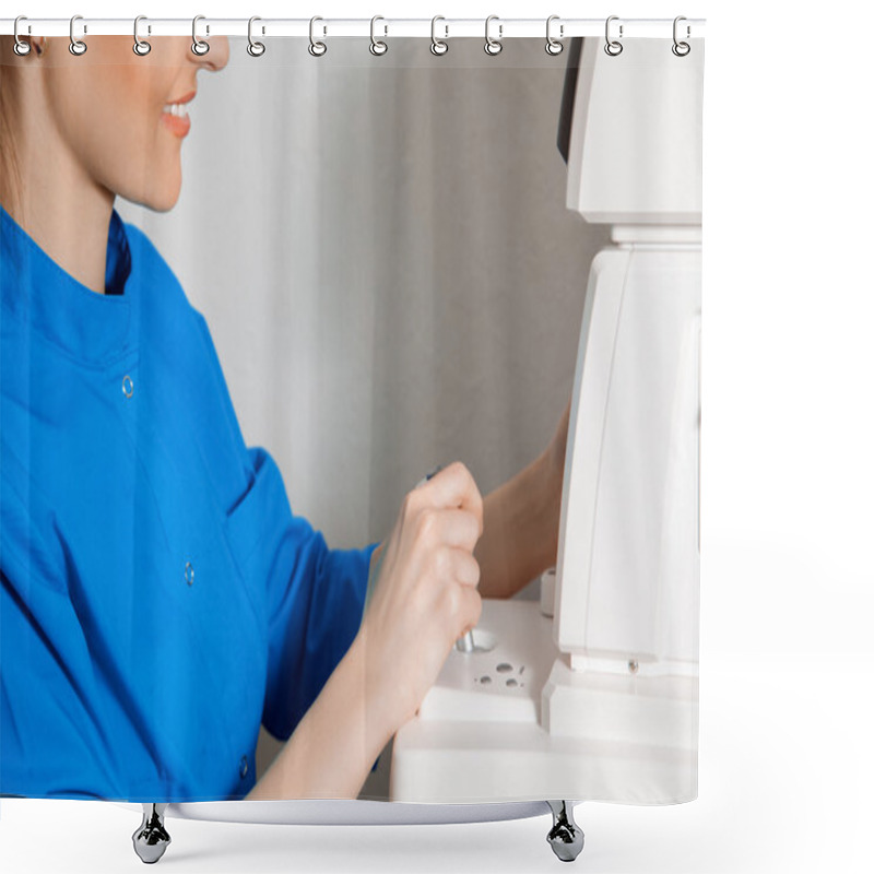 Personality  Doctor Working With The Ophthalmic Device Shower Curtains