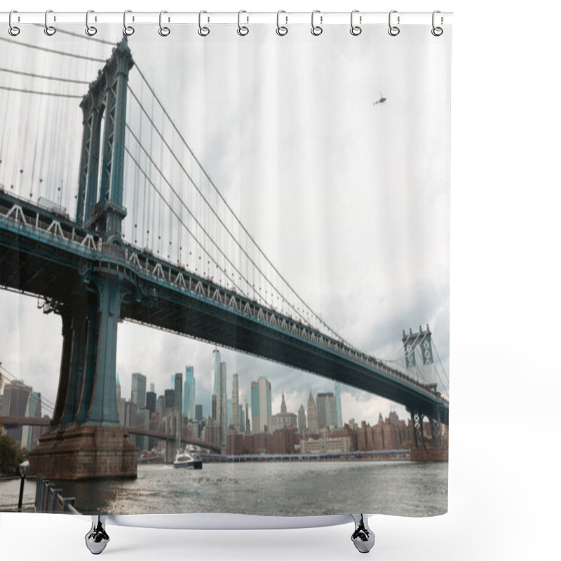 Personality  Scenic View Of Manhattan Bridge And Modern Skyscrapers Under Cloudy Sky In New York City Shower Curtains