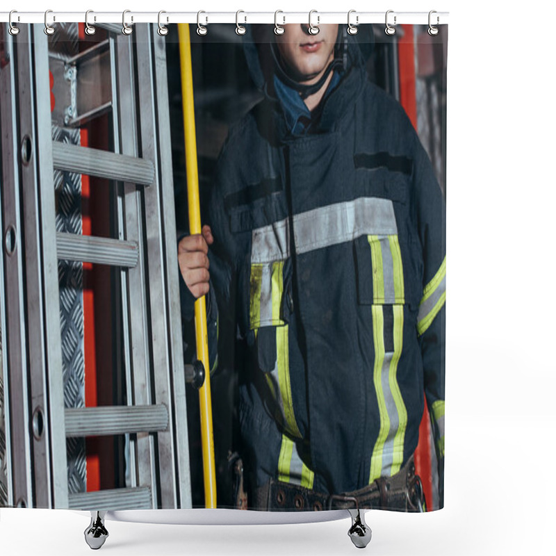 Personality  Cropped Shot Of Fireman In Protective Uniform At Fire Station Shower Curtains