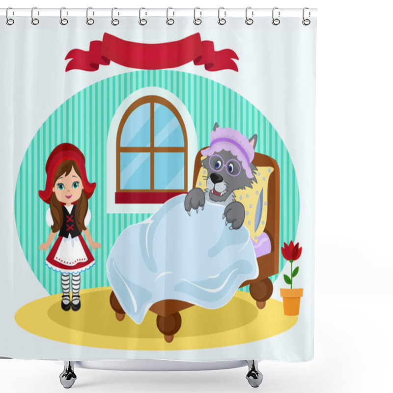 Personality  Little Red Riding Hood And The Bed In Which Lies The Wolf. Vector Illustration Shower Curtains