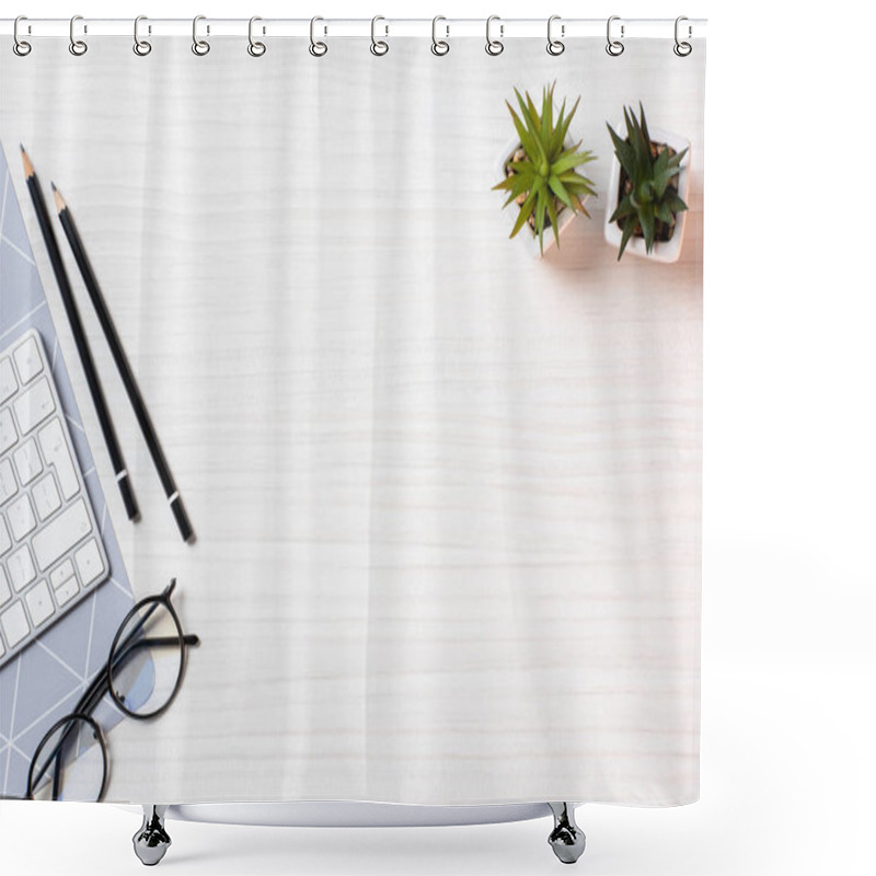 Personality  Elevated View Of Workplace With Eyeglasses, Plants And Computer Keyboard In Office  Shower Curtains