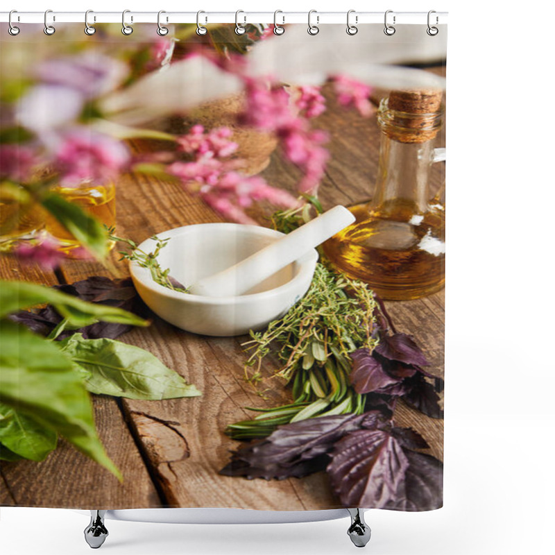 Personality  Mortar With Pestle Near Bottle And Fresh Leaves And Flowers On Wooden Surface Shower Curtains