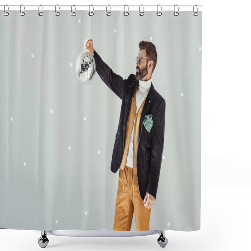 Personality  Handsome Bearded Man Looking At Disco Ball In Hand On Grey Background Shower Curtains