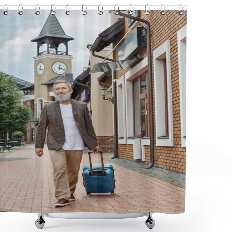 Personality  Bearded Senior Man Walking With Luggage On Urban Street, City Lifestyle, Travel, Stylish Elderly Shower Curtains