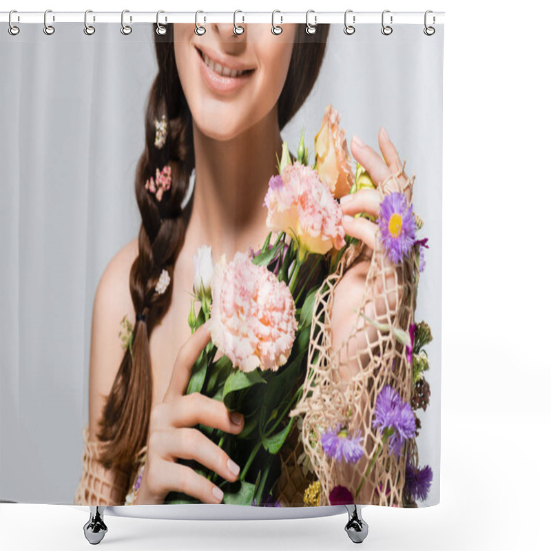 Personality  Partial View Of Beautiful Woman With Braid In Mesh With Spring Wildflowers Isolated On Grey Shower Curtains