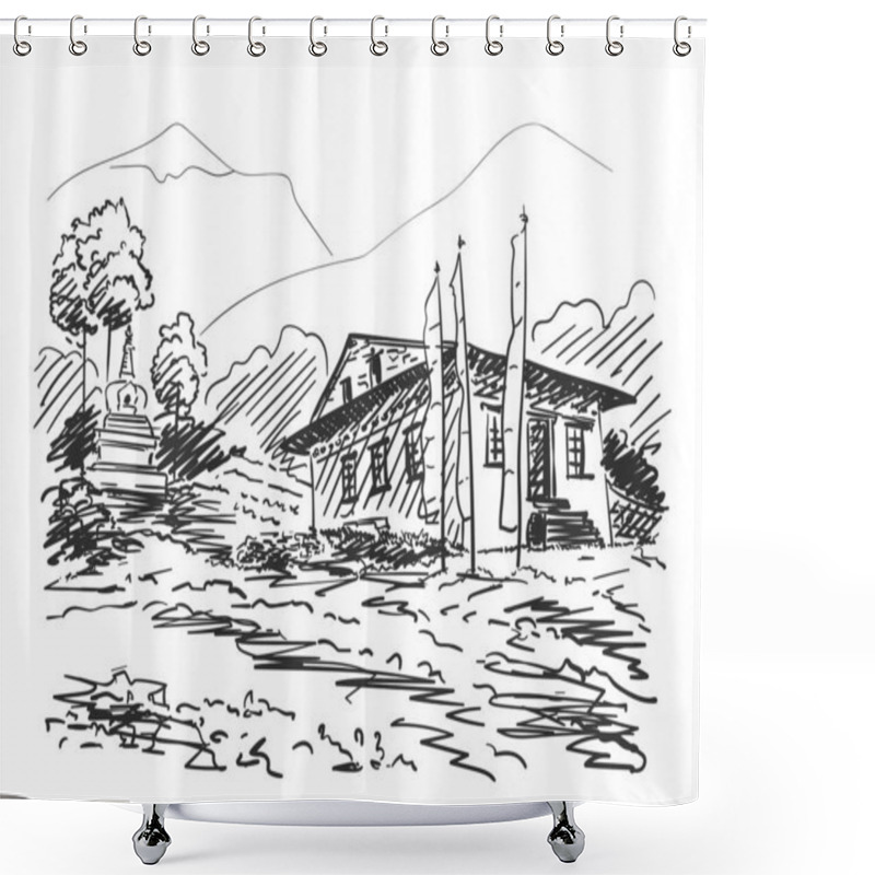 Personality  Sketch Of Small Monastery With Praying Flags And Small Stupa Surrounded By Trees On Background Of Mountains, Hand Drawn Vector Illustration. Nepal Himalayas Shower Curtains