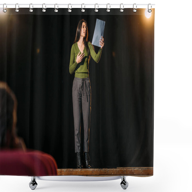 Personality  Selective Focus Of Theater Director And Attractive Actress Reading Screenplay On Stage Shower Curtains