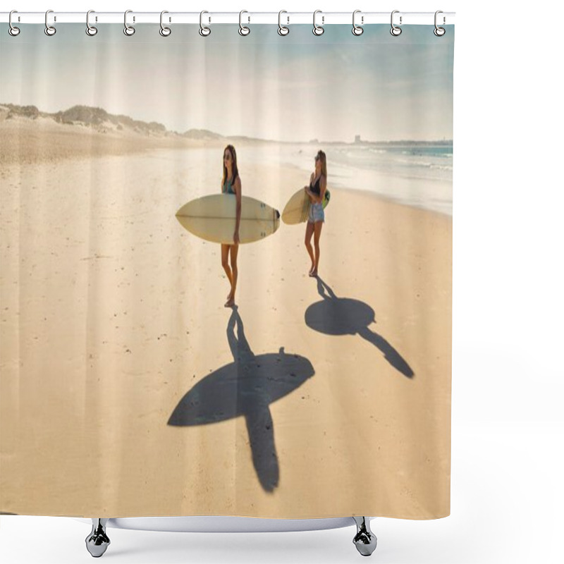 Personality  Two Beautiful Girls Holding Surfboards And Walking On Beach Shower Curtains