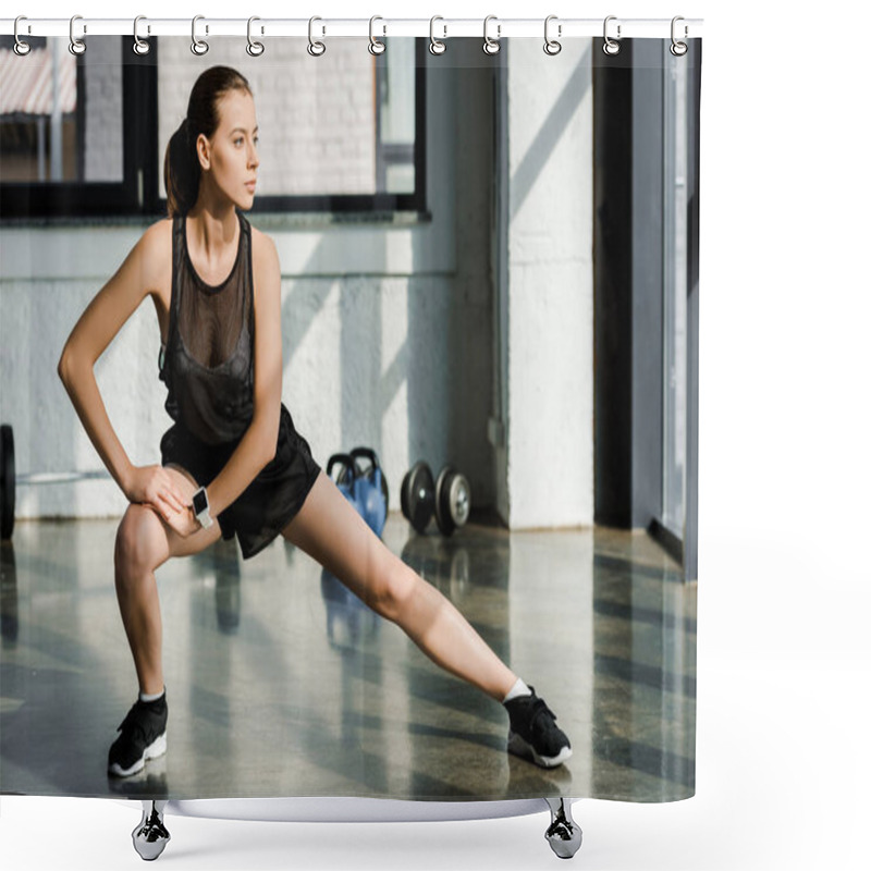 Personality  Focused Sportswoman Doing Lateral Lunge Exercise At Fitness Center Shower Curtains