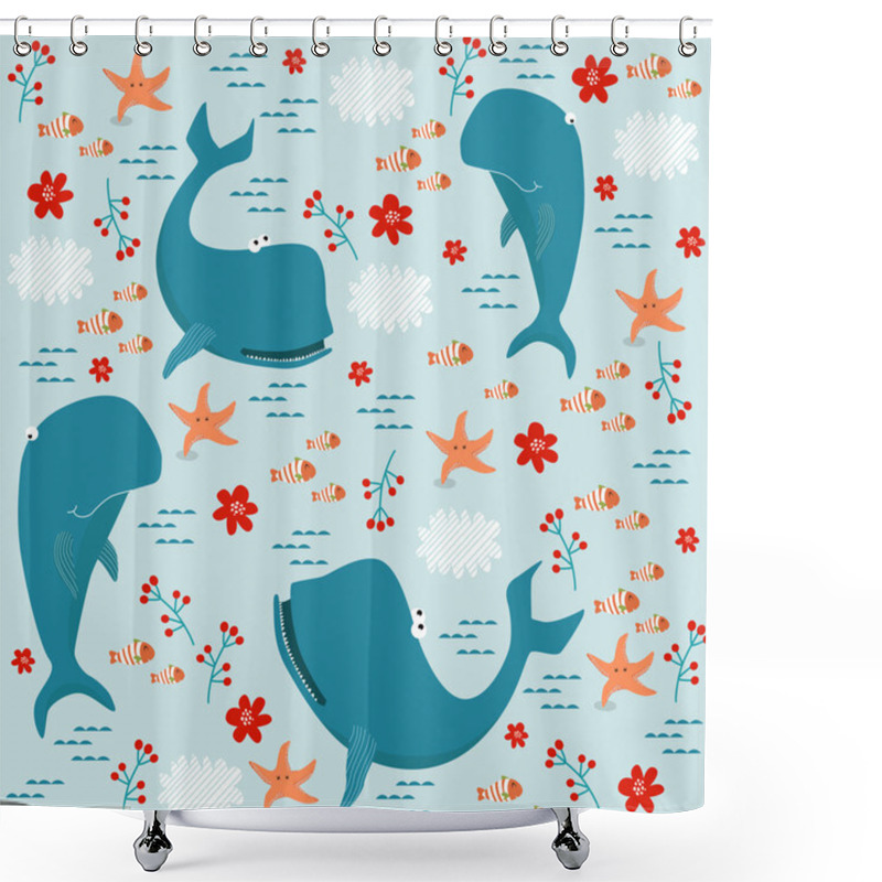 Personality  Summer Background With Whales And Fish Shower Curtains