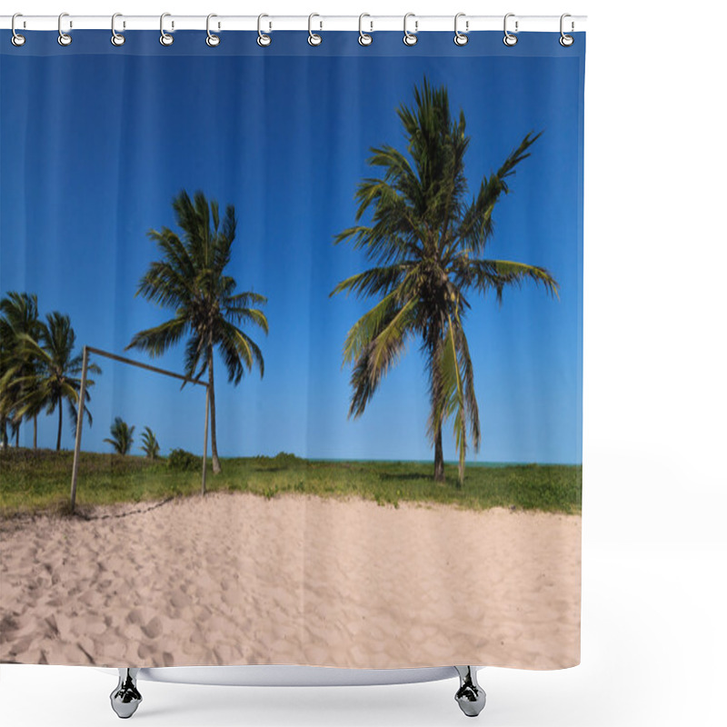 Personality  Tropical Beach With Rustic Goal, Palm Trees, White Sand And Pure Shower Curtains