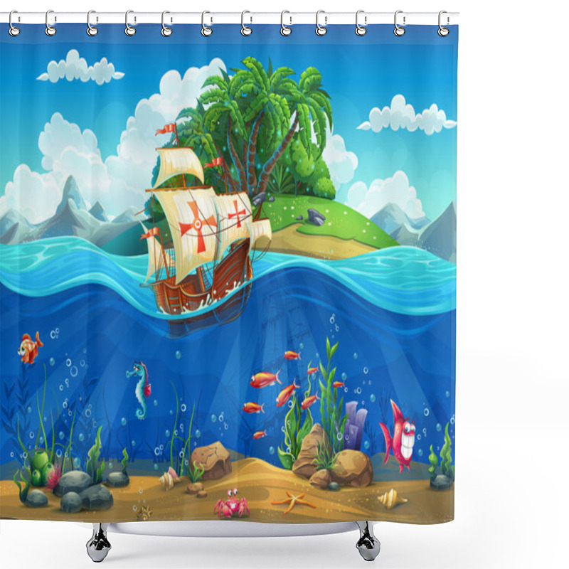 Personality  Cartoon Underwater World With Fish, Plants, Island And Caravel Shower Curtains