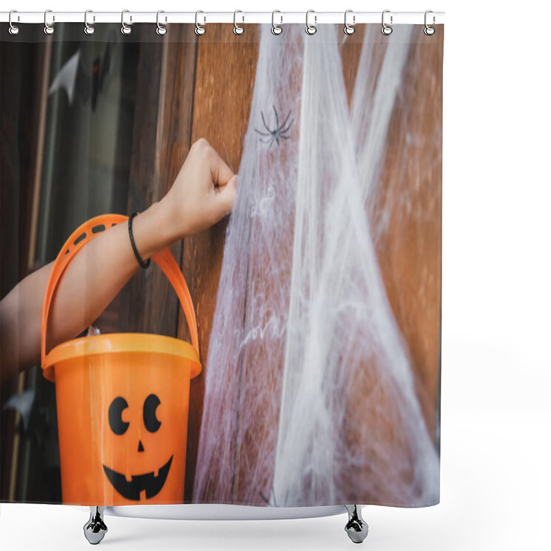 Personality  Cropped View Of Girl Holding Bucket With Painted Spooky Face While Knocking At Door Near Decorative Spider Net Shower Curtains