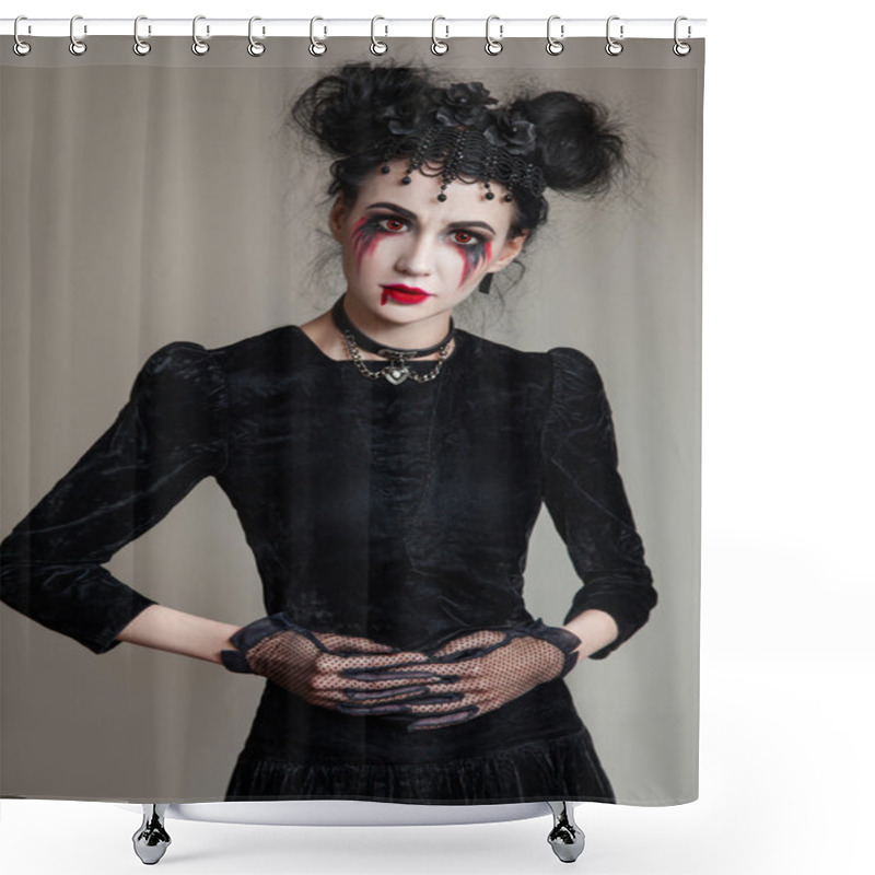 Personality  Young Beautiful Gothic Woman With White Skin And Red Lips. Halloween Makeup. Shower Curtains