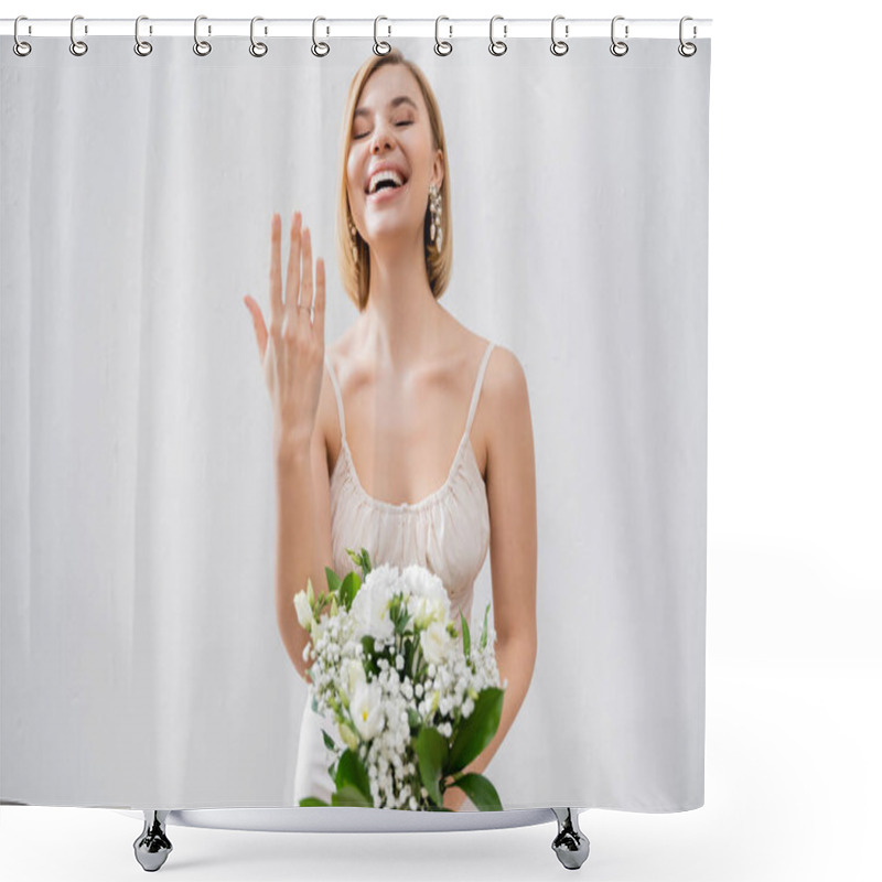 Personality  Special Occasion, Gorgeous Blonde Bride In Wedding Dress Holding Bouquet And Showing Engagement Ring, White Flowers, Bridal Accessories, Happiness, Grey Background  Shower Curtains