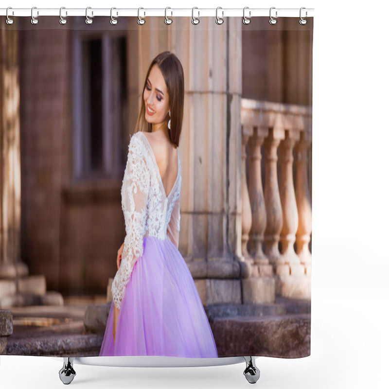 Personality  Portrait Of Elegant Young Woman With Long Hair And Perfect Smile On Old Building Background Shower Curtains