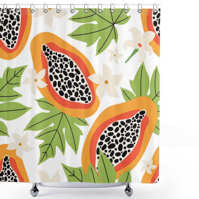 Personality  Exotic Summer Seamless Pattern. Orange Papaya On A White Background. Tropical Sweet Fruit Cut Into Slices, Flowers, Leaves, Pulp, Seeds. Hand Drawn Vector Background Colorful Doodle Jungle Fruits. Shower Curtains