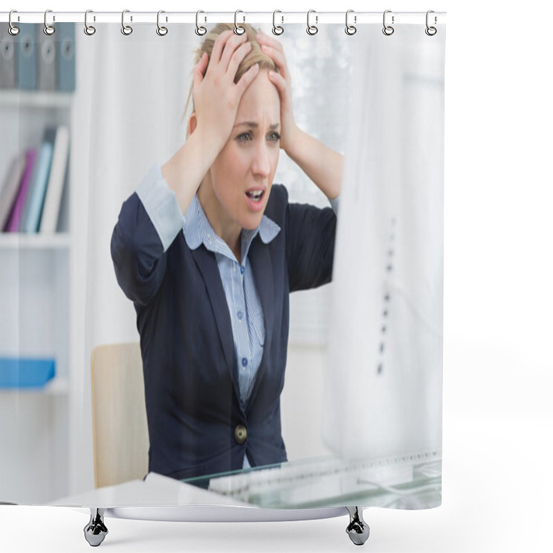 Personality  Frustrated Business Woman In Front Of Computer At Office Desk Shower Curtains