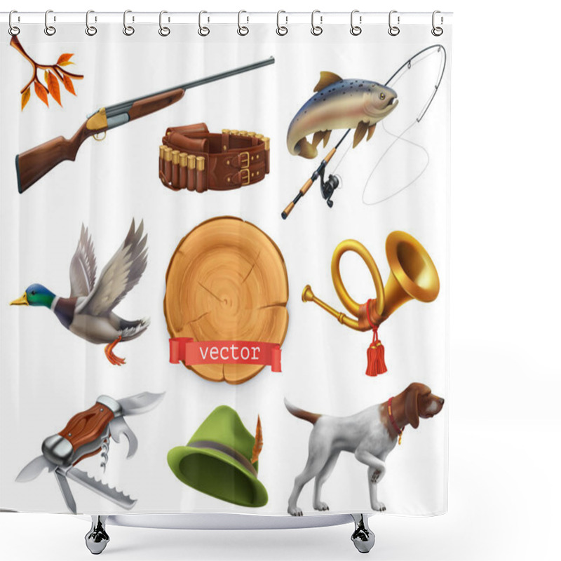 Personality  Hunting Set. Shotgun, Dog, Duck, Fishing, Horn, Hat, Knife. 3d Vector Icon Shower Curtains