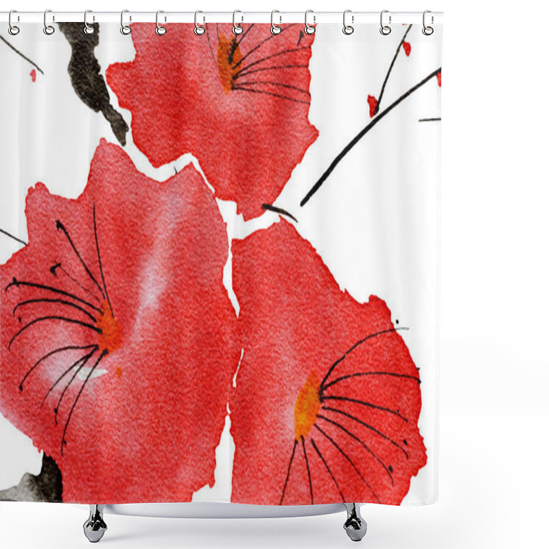 Personality  A Branch Of A Blossoming Tree. Pink And Red Stylized Flowers Of Plum Mei, Wild Apricots And Sakura . Watercolor And Ink Illustration In Style Sumi-e, U-sin. Oriental Traditional Painting.   Shower Curtains