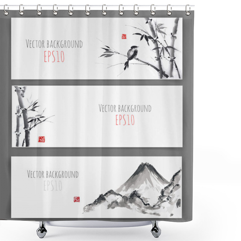 Personality  Banners With Bamboo, Mountains And Bird Shower Curtains