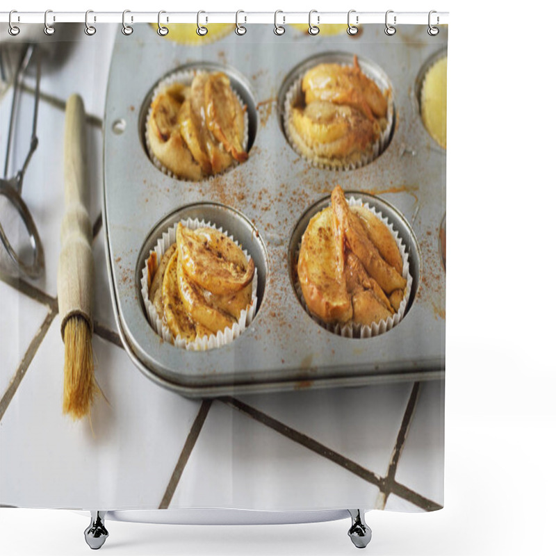 Personality  Gluten-free Homemade Vegetarian Desserts Cupcakes Muffins With Apple Slices And Pineapple Rings On Top In Baking Tray In Kitchen On White-tiled Worktop, Next To A Kitchen Tea-strainer, Towel Shower Curtains