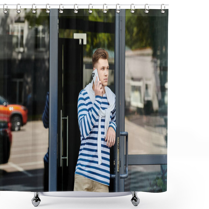 Personality  A Young Man With A Prosthetic Leg Is Talking On His Phone While Leaning Against A Door. Shower Curtains