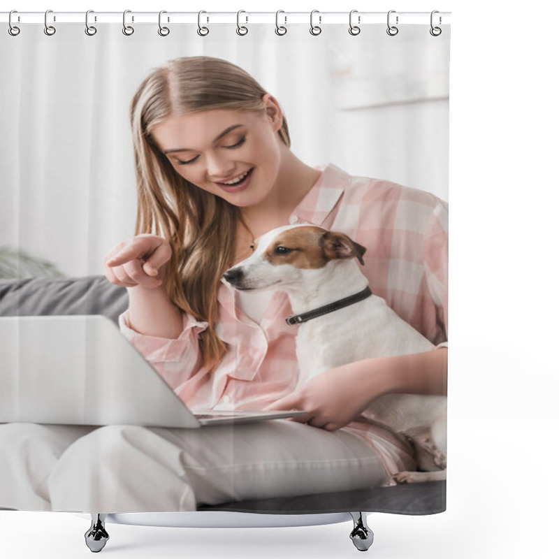 Personality  Happy Woman Sitting On Couch With Jack Russell Terrier And Pointing With Finger At Laptop  Shower Curtains