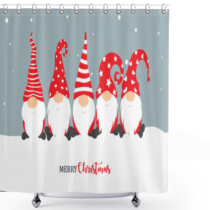 Personality  Christmas Gnome. Greeting Christmas Card With Holiday Isolated Characters On Snow Background. Cute Scandinavian Gnomes In Santa Hats In Cartoon Style. Vector Illustration Shower Curtains