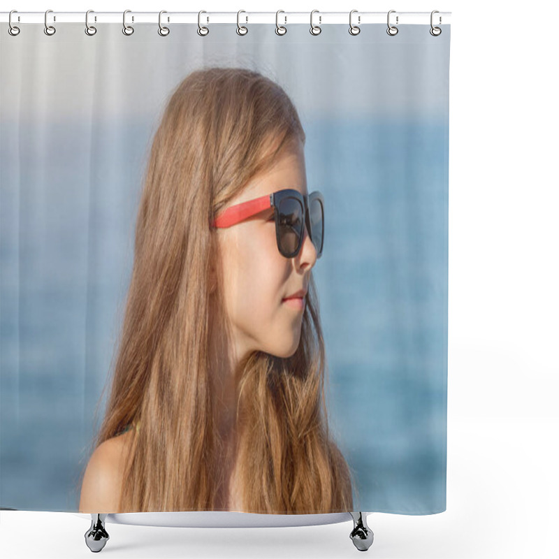 Personality  Close-up Portrait Of A Girl In A Bathing Suit And Glasses On The Background Of The Sea Shore. Shower Curtains