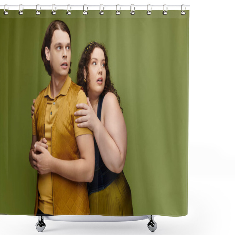 Personality  A Young Woman Expresses Surprise While Standing Close To Her Male Friend In A Lively Atmosphere. Shower Curtains