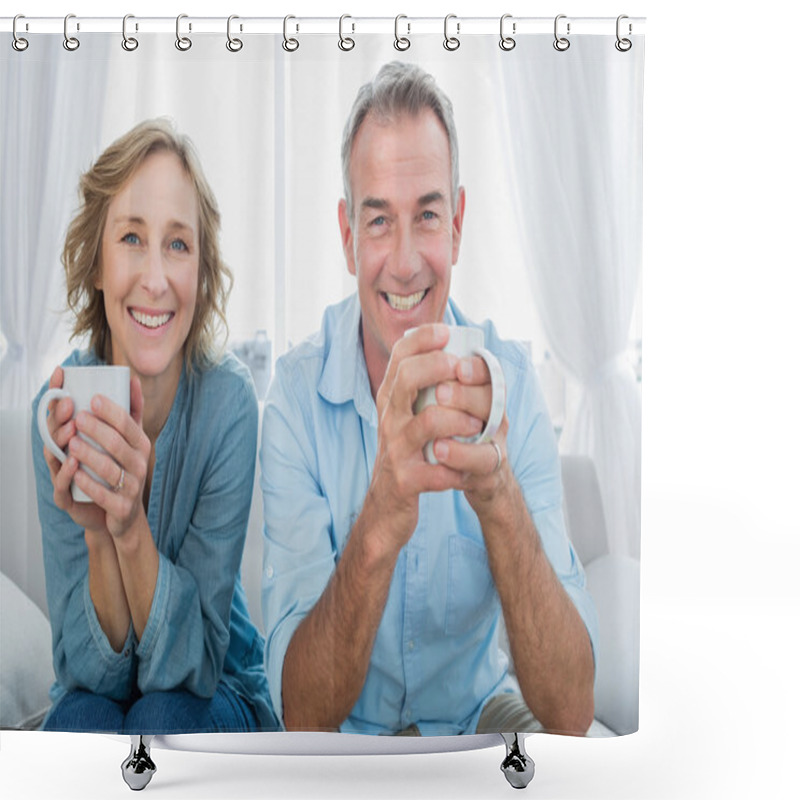 Personality  Smiling Middle Aged Couple Sitting On The Couch Having Coffee Shower Curtains