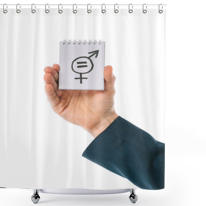 Personality  Partial View Of Businessman Holding Gender Equality Sign In Hand, Isolated On White Shower Curtains