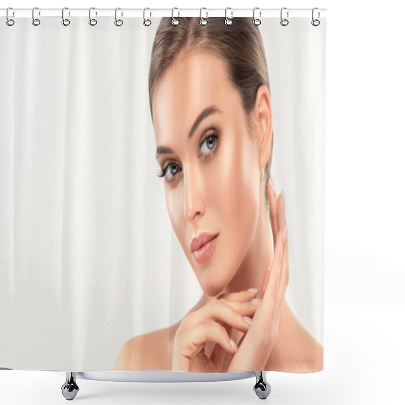 Personality  Beautiful Young Woman With Clean Fresh Skin Touch Own Face . Facial Treatment . Cosmetology , Beauty And Spa  Shower Curtains