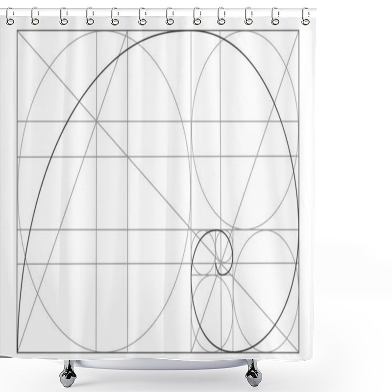 Personality  Golden Ratio Template. Logarithmic Spiral In Rectangle With Circles And Crossing Lines. Nautilus Shell Shape. Fibonacci Sequence. Ideal Symmetry Proportions Grid Shower Curtains