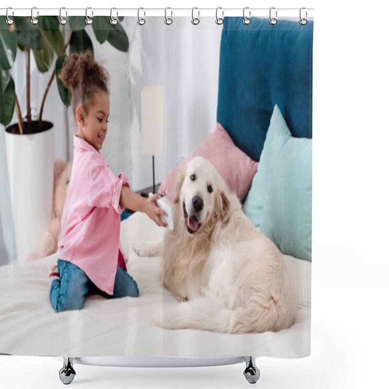 Personality  Adorable African American Child Sitting On The Bed And Shows Smartphone Screen To Dog Shower Curtains