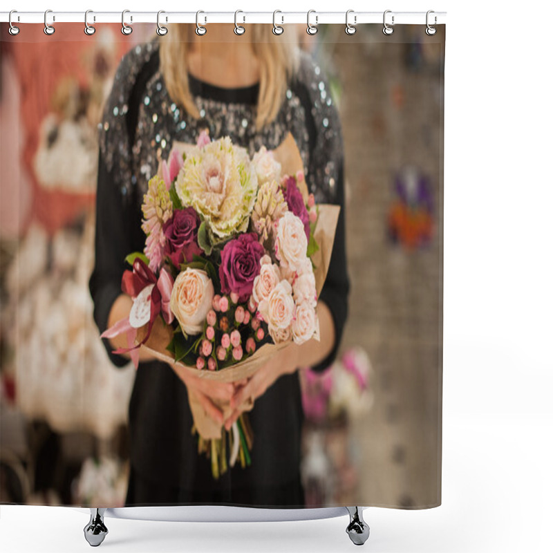 Personality  Girl Holding A Bouquet Of Flowers Shower Curtains