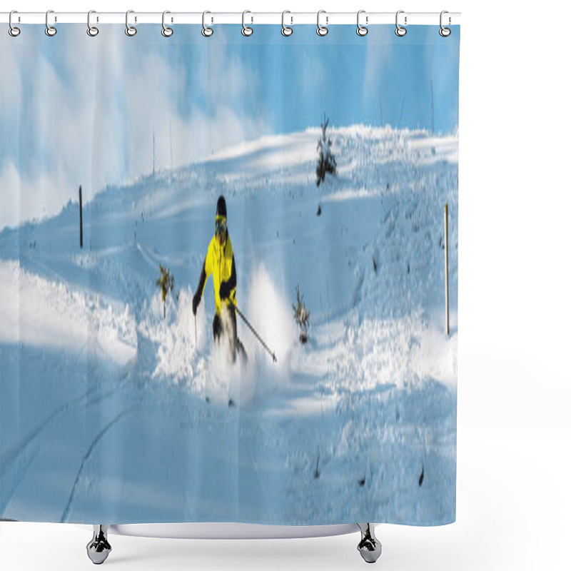 Personality  Panoramic Shot Of Skier In Helmet Holding Ski Sticks While Skiing On Slope Outside  Shower Curtains