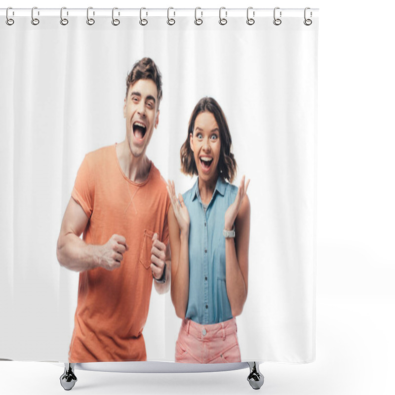 Personality  Excited Man And Woman Smiling At Camera And Showing Yes Gestures Isolated On White Shower Curtains