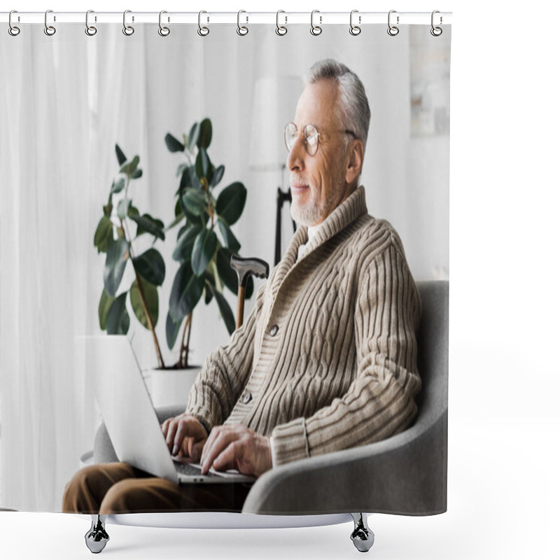 Personality  Happy Senior Man In Glasses Using Laptop At Home   Shower Curtains