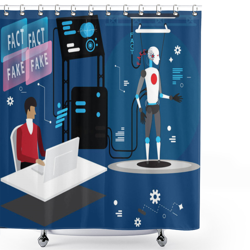 Personality  Programmer Is Loading Fact And Fake News To Robot,flat Vector Concept Illustration Process Of Loading Data To Robot Prepared For Against The Fake News Shower Curtains