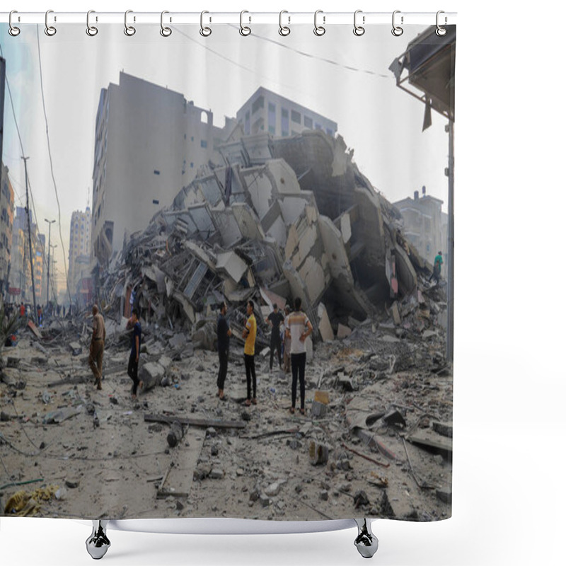 Personality  Palestinians Inspect The Ruins Of The Watan Tower, Which Was Destroyed By Israeli Air Strikes In Gaza City,  October 8, 2023. Gaza, Palestine: Palestinians Inspect The Ruins Of The Watan Tower, Which Was Destroyed By Israeli Air Strikes In Gaza Shower Curtains