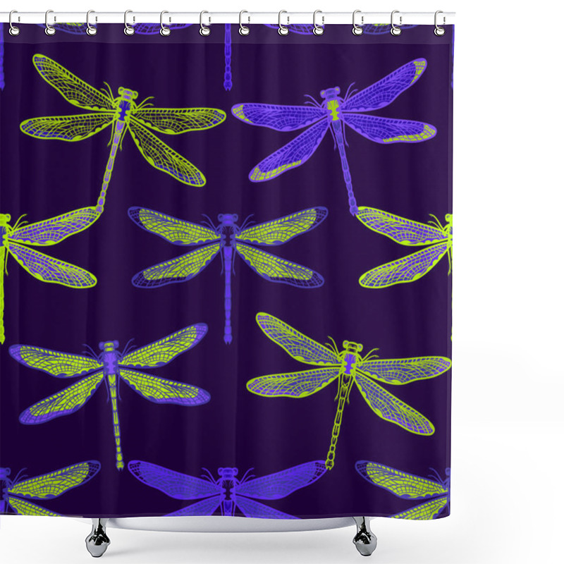 Personality  Hand Drawn Stylized Dragonflies Seamless Pattern For Girls, Boys, Clothes. Creative Background With Insect. Funny Wallpaper For Textile And Fabric. Fashion Style. Colorful Bright Shower Curtains