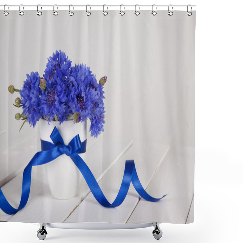 Personality  Blue Cornflowers In Vase With Blue Ribbon Shower Curtains